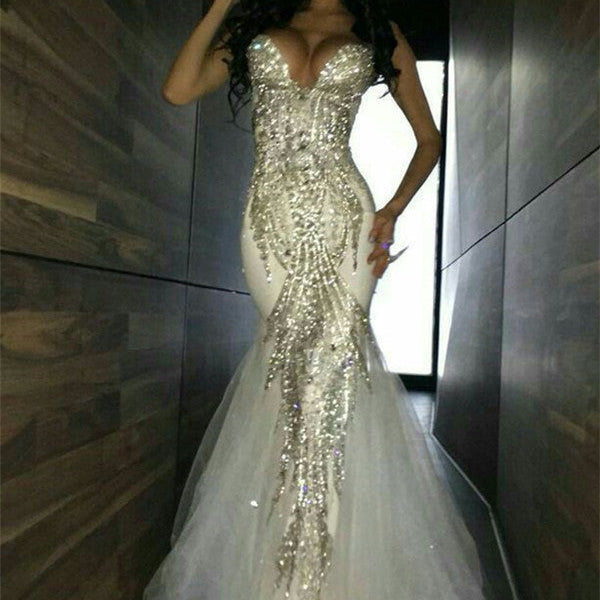 Sweetheart White Mermaid Prom Dresses Crystal Mermaid Evening Dresses