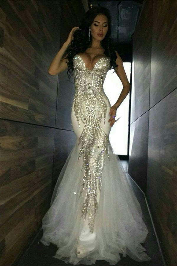 Wanna Evening Dresses in Tulle,  Mermaid style,  and delicate Crystal work? Ballbella has all covered on this elegant Sweetheart White Mermaid Prom Dresses Crystal Mermaid Evening Dresses On Sale yet cheap prices.