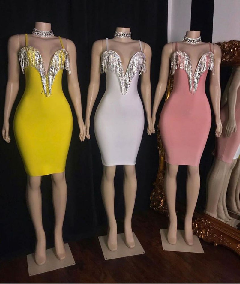 Looking for Prom Dresses, Evening Dresses, Real Model Series in Satin,  Column style,  and Gorgeous work? Ballbella has all covered on this elegant Tassels Deep V-neck Spaghetti Straps Mini Mermaid Hoco Dresses.