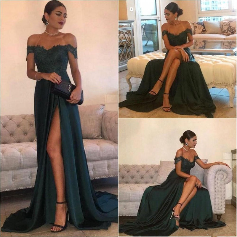 Looking for Real Model Series in Stretch Satin,  A-line style,  and Gorgeous Lace, Split Front work? Ballbella has all covered on this elegant THERESA A-line Floor Length Split Off-the-Shoulder Lace Prom Dresses.