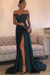 THERESA A-line Floor Length Split Off-the-Shoulder Lace Prom Dresses-Ballbella