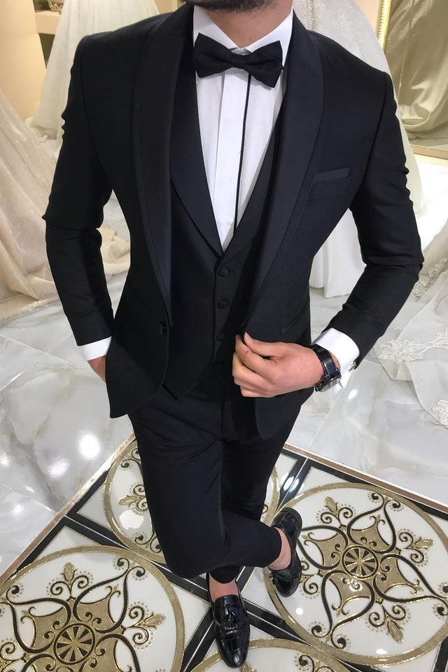 Three-piece Black Men Suits for Groom Shawl Lapel Wedding Tuxedos with Waistcoat-Ballbella