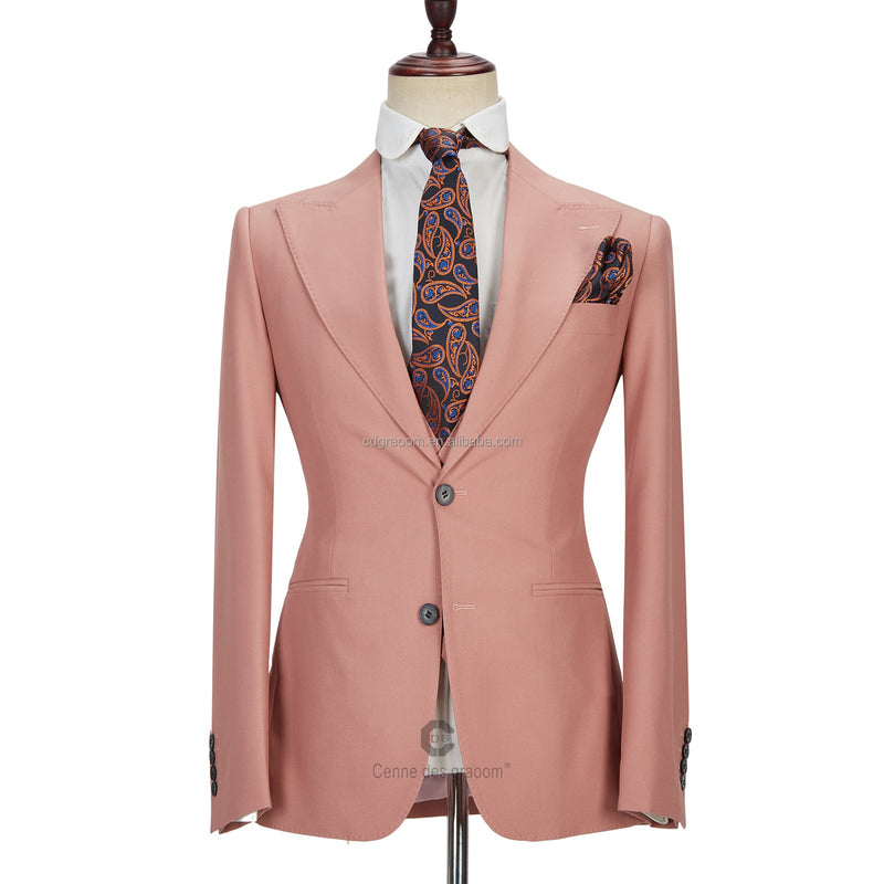 This Three-piece Coral Pink Two Buttons Peak Lapel Custom design Men Suit at Ballbella comes in all sizes for prom, wedding and business. Shop an amazing selection of Peaked Lapel Single Breasted Coral mens suits in cheap price.
