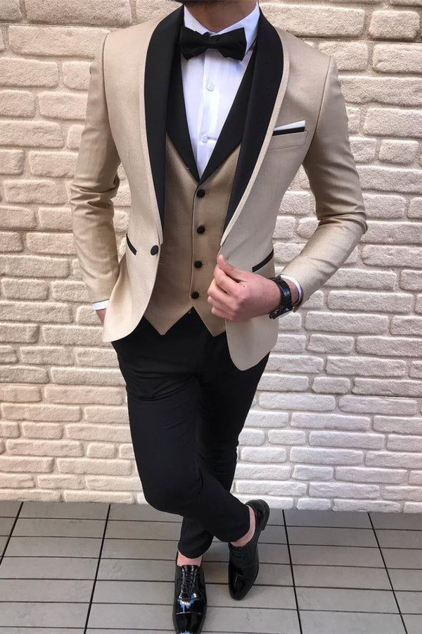 Three-piece Gold Champagne Wedding Suits Black Satin Shawl Lapel Wedding Tuxedos-Ballbella