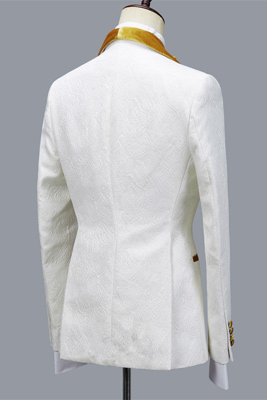 Ballbella is your ultimate source for Three Pieces Jacquard White Wedding Men Suit with Velvet Lapel. Our White Shawl Lapel wedding groom Men Suits come in Bespoke styles &amp; colors with high quality and free shipping.