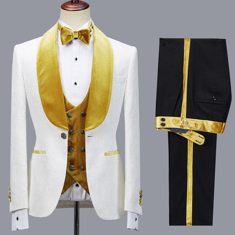 Ballbella is your ultimate source for Three Pieces Jacquard White Wedding Men Suit with Velvet Lapel. Our White Shawl Lapel wedding groom Men Suits come in Bespoke styles &amp; colors with high quality and free shipping.