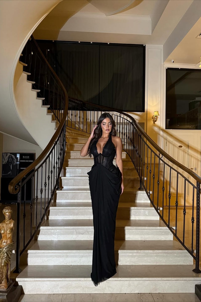 black halter mermaid prom dress Zapaka Women Black Halter Mermaid Formal Dress with Slit V-Neck Chiffon Evening Gala Dress with Sequins, Black / US22W