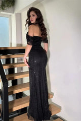 Timeless Black Off-The-Shoulder Sequins Prom Dress Mermaid Column With Zipper-Ballbella