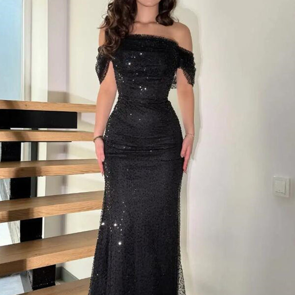 Timeless Black Off-The-Shoulder Sequins Prom Dress Mermaid Column With   Ballbella
