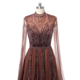 Timeless Chocolate High Collar Long Sleeves Tulle Prom Dresses A-Line With Beads Pleats-Ballbella