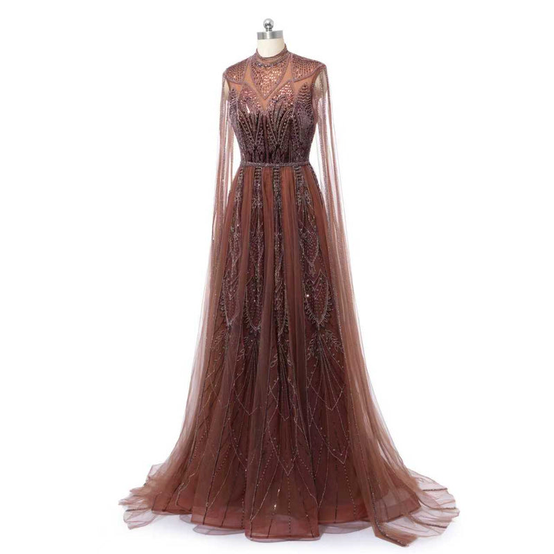 Timeless Chocolate High Collar Long Sleeves Tulle Prom Dresses A-Line With Beads Pleats, US2