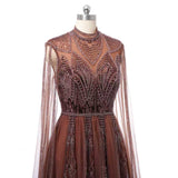 Timeless Chocolate High Collar Long Sleeves Tulle Prom Dresses A-Line With Beads Pleats-Ballbella