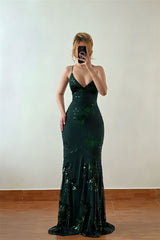 Timeless Dark Green Spaghetti-Straps Sleeveless Prom Dresses Mermaid V-Neck With Lace-Up Back-Ballbella