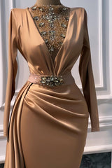 Timeless Gold High Collar Long Sleeves Satin Prom Dresses Mermaid Gem With Beads Ruffles-Ballbella