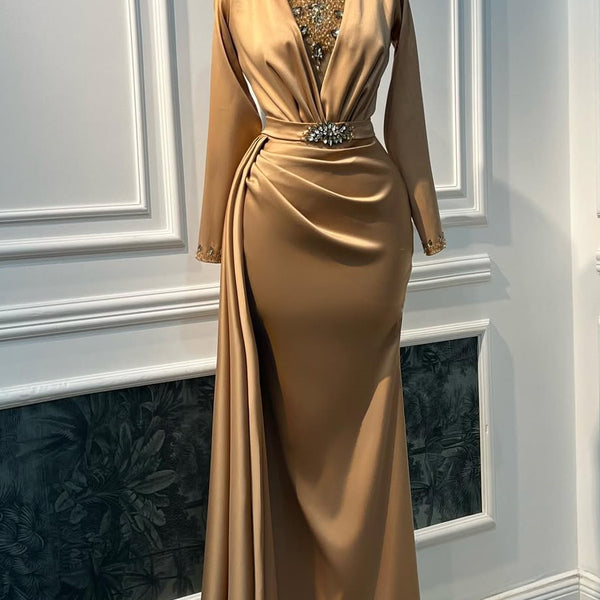 gold long sleeve mermaid prom dress Timeless High Collar Sleeves Satin Dresses Gem With Beads Ruffles SL80-8-3-24