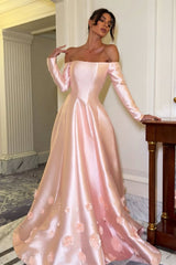 Timeless Pink Off-The-Shoulder Long Sleeves Satin Prom Dresses A-Line Lace-Up Back With Flower-Ballbella