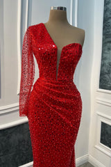 Timeless Red One Shoulder Long Sleeves Sequins Prom Dresses Mermaid Online-Ballbella