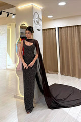 Timeless Straps Sleeveless Sequins Prom Dress Mermaid Column With Ruffle-Ballbella