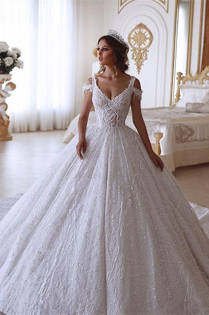 Ballbella.com supplies you Traditional Ball Gown V-neck Cold-Shoulder White Lace Wedding Dress online at an affordable price, fast delivery worldwide.
