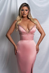 Trendy Dusty Rose V-Neck Mermaid Satin Prom Dress Sheath Sleeveless Side Slit With Beads-Ballbella