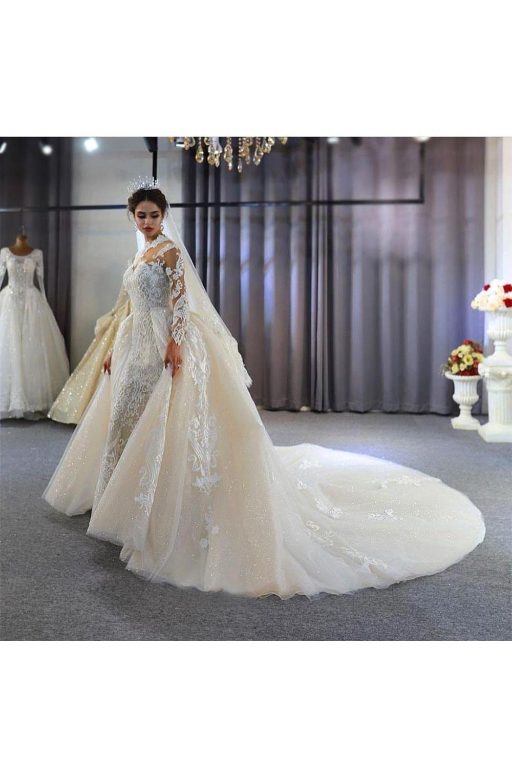 Trendy High neck Mermaid Lace Ivory Wedding Dress with Overskirt ...