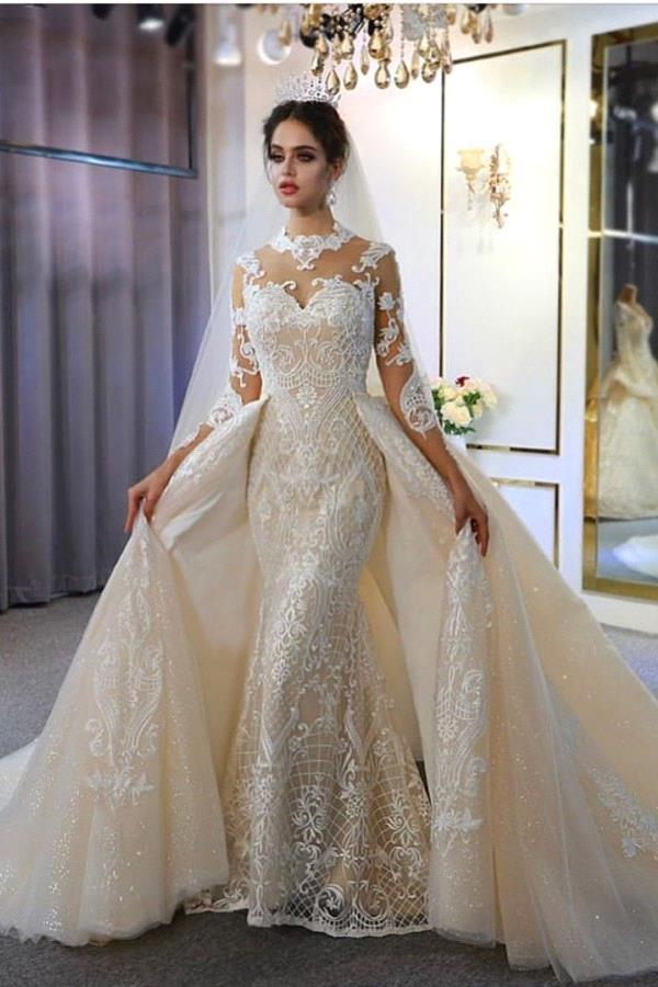 Trendy High neck Mermaid Lace Ivory Wedding Dress with Overskirt-Ballbella