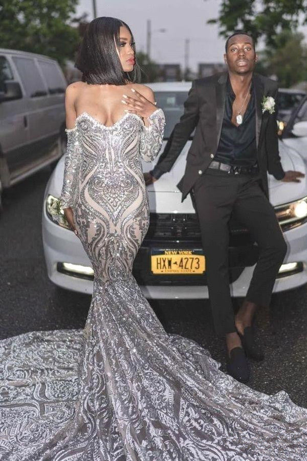 Trendy Long Sleeves Sweetheart Silver Sequined Luxurious Prom Party GownsNew Arrival Trendy Long Sleeves Sweetheart Silver Sequined Luxurious Prom Party GownsNew Arrival
