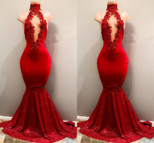 Buy Red Prom Party Gowns with Bellbella prom dress designer? We offers high quality discount Trendy Mermaid Red Lace High Neck Prom Party Gowns| Red Prom Party Gowns that could be custom madein all sizes and colors. 