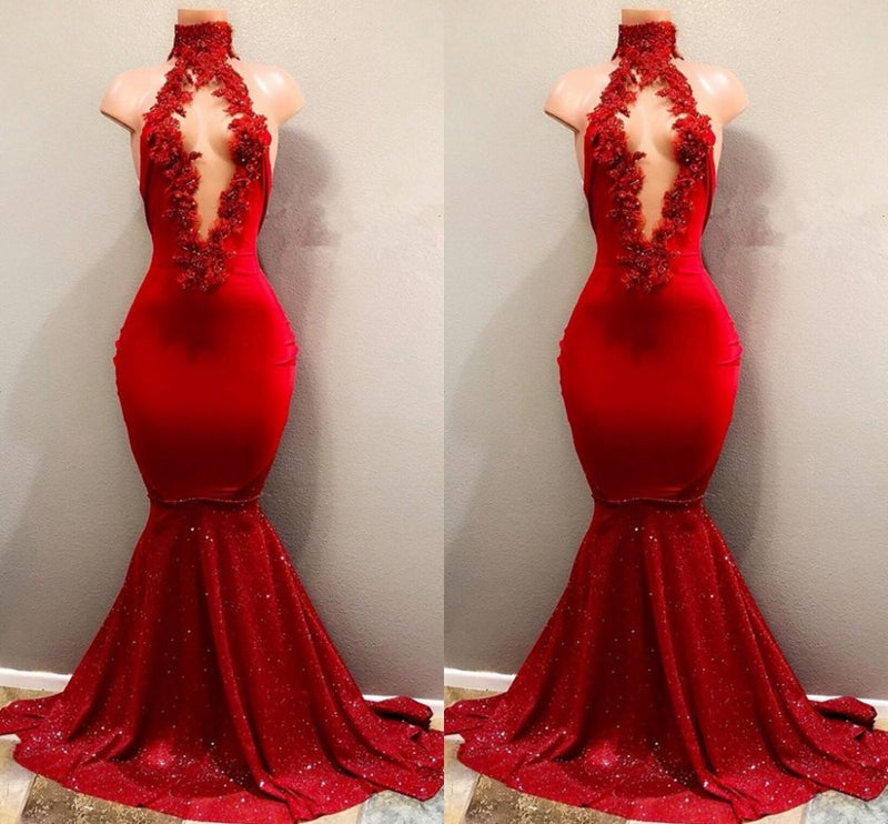 Buy Red Prom Party Gowns with Bellbella prom dress designer? We offers high quality discount Trendy Mermaid Red Lace High Neck Prom Party Gowns| Red Prom Party Gowns that could be custom madein all sizes and colors. 