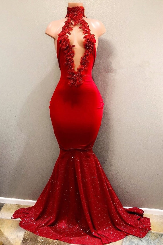 Trendy Mermaid Red Lace High Neck Prom Party Gowns| Red Prom Party Gowns-Ballbella