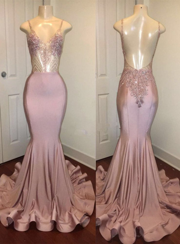 Trendy Pink Beads Spaghetti Strap Prom Party Gowns| Mermaid Prom Party Gowns. Free shipping,  high quality,  fast delivery,  made to order dress. Discount price. Affordable price. Shop Ballbella Official.