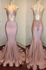 Trendy Pink Beads Spaghetti Strap Prom Party Gowns| Mermaid Prom Party Gowns-Ballbella