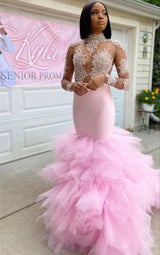 Trendy Pink Illusion neck Long Sleeves Mermaid Ruffles Prom Dresses-Ballbella