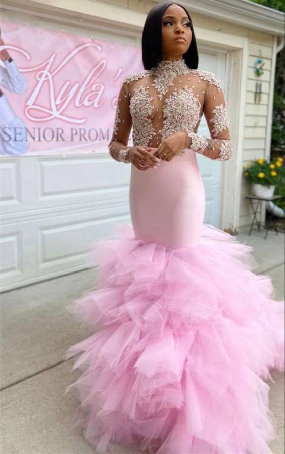 Trendy Pink Illusion neck Long Sleeves Mermaid Ruffles Prom Dresses-Ballbella