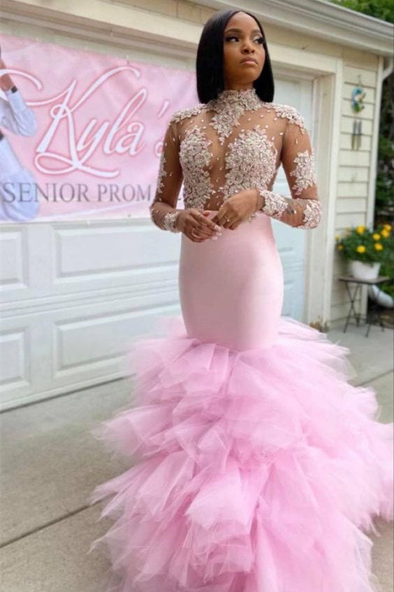 Trendy Pink Illusion neck Long Sleeves Mermaid Ruffles Prom Dresses-Ballbella