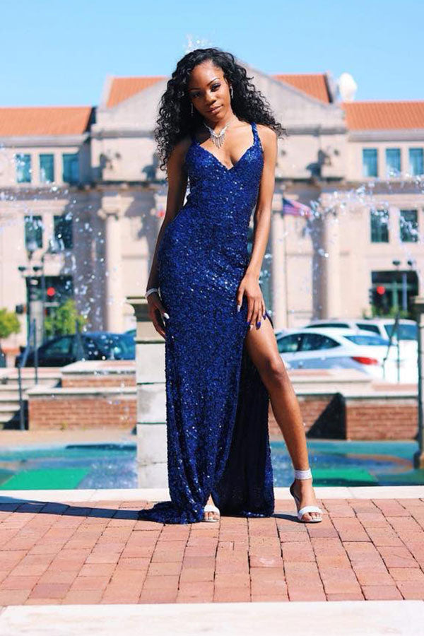 Trendy Royal Blue Spaghetti Strap V-neck Sequined Prom Party Gowns with Chic high Slit-Ballbella