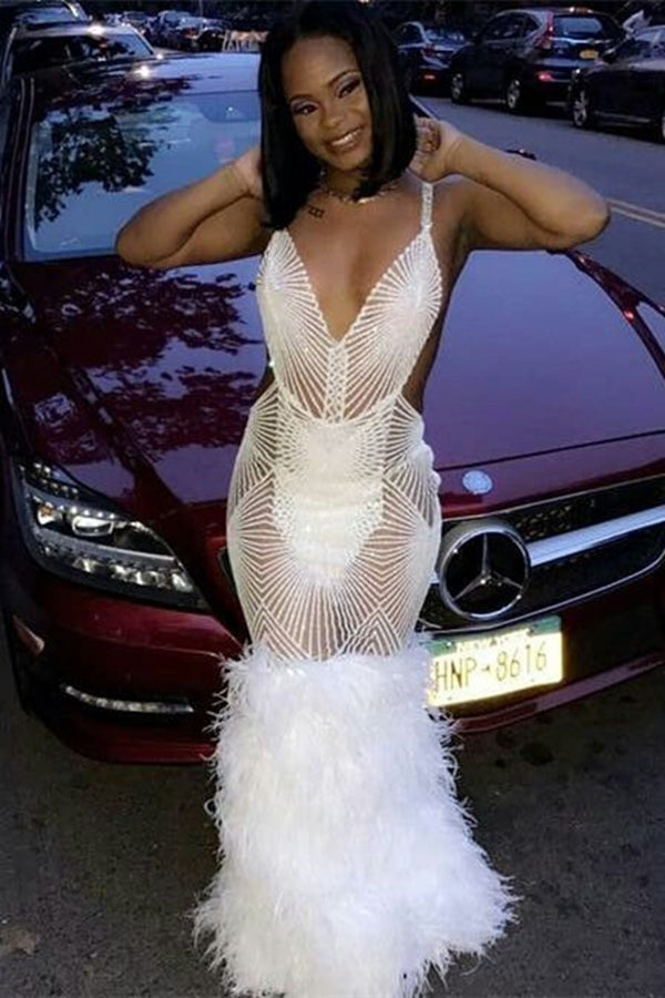 Looking for Prom Dresses, Evening Dresses in Mermaid style,  and Gorgeous Beading, Feathers work? Ballbella has all covered on this elegant Trendy See Through Beading Stripes Mermaid V-neck Sleeveless Feather Train Prom Dresses.