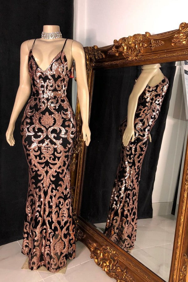 Trendy Sequins Appliques V-neck Spaghetti Long Mermaid Prom Gowns-Ballbella