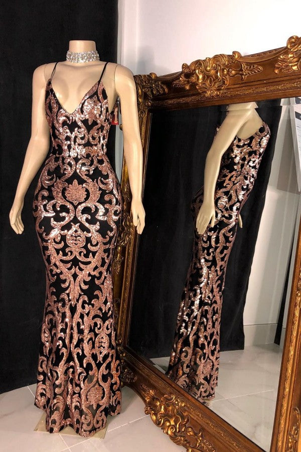 Looking for Prom Dresses, Evening Dresses, Real Model Series in Satin,  Column style,  and Gorgeous Sequined work? Ballbella has all covered on this elegant Trendy Sequins Appliques V-neck Spaghetti Long Mermaid Prom Gowns.