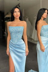 Trendy Sky blue Strapless Sequin Top High split Prom Dress-Ballbella