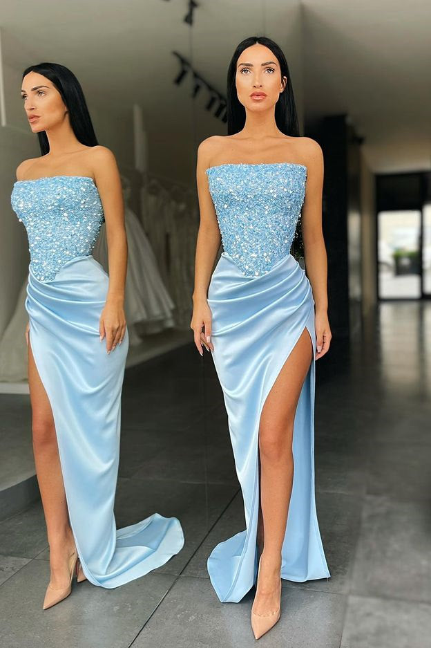 Trendy Sky blue Strapless Sequin Top High split Prom Dress-Ballbella
