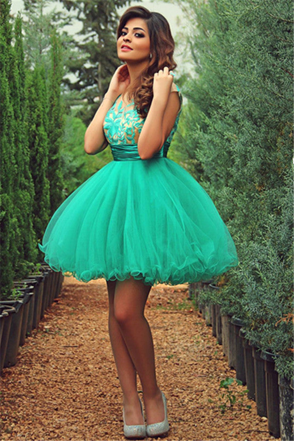 Trendy Tulle Princess Short Green Homecoming Dress With Appliques. Also,  extra discount are offered to our customers. We will try our best to satisfy everyone and make the dress fit you well.