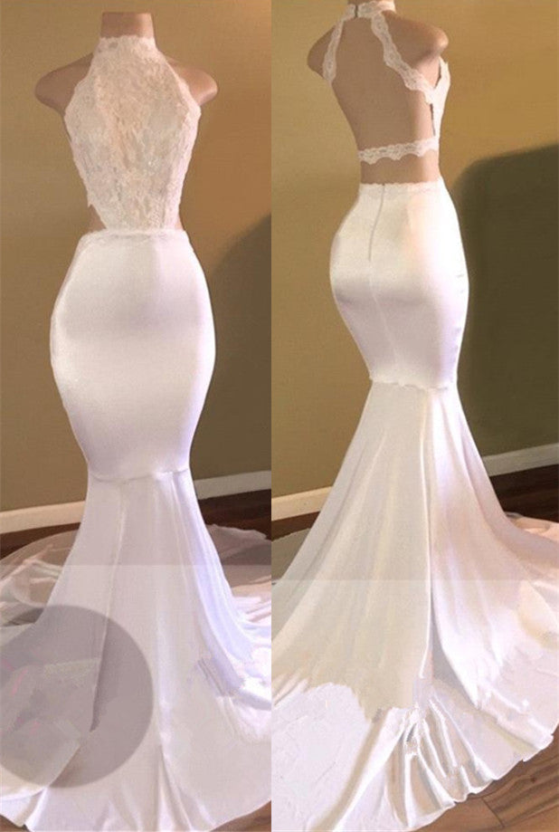 Ballbella offers Trendy White Mermaid High-Neck Sleeveless Prom Party Gowns at a cheap price from Stretch Satin, Lace to Mermaid hem. Gorgeous yet affordable Sleeveless Prom Dresses, Real Model Series.