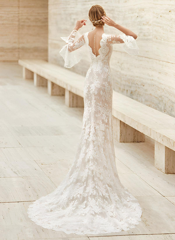 Trumpet Mermaid Fitted V-Neck Long Sleeves Lace Court Train Wedding Dresses Split Front Lace-Ballbella