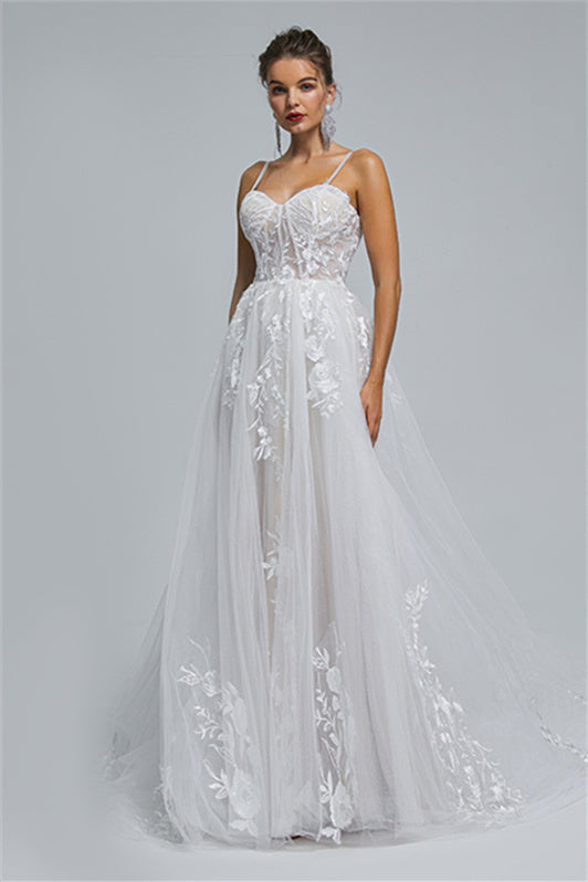 Tulle A-line Sheer Straps Sweetheart Applique Floor-length Sleeveless Wedding Dress Cover-Ballbella