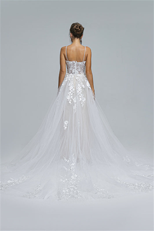 Tulle A-line Sheer Straps Sweetheart Applique Floor-length Sleeveless Wedding Dress Cover-Ballbella