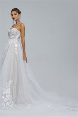 Tulle A-line Sheer Straps Sweetheart Applique Floor-length Sleeveless Wedding Dress Cover-Ballbella