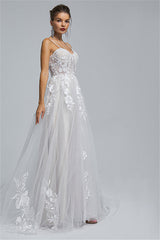Tulle A-line Sheer Straps Sweetheart Applique Floor-length Sleeveless Wedding Dress Cover-Ballbella