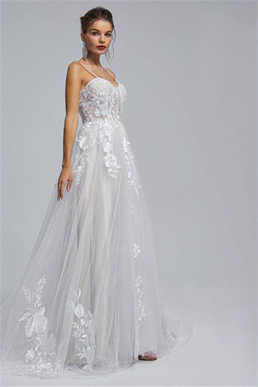 Tulle A-line Sheer Straps Sweetheart Applique Floor-length Sleeveless Wedding Dress Cover-Ballbella