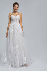 Tulle A-line Sheer Straps Sweetheart Applique Floor-length Sleeveless Wedding Dress Cover-Ballbella